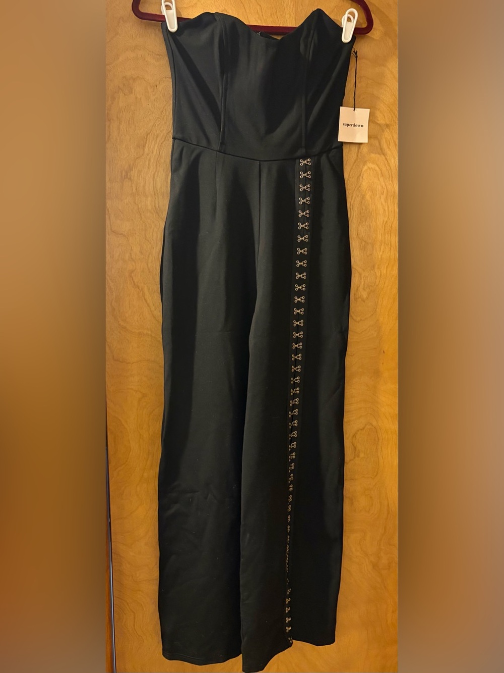 superdown Black Strapless Wide-Leg Jumpsuit with Hook-Trim